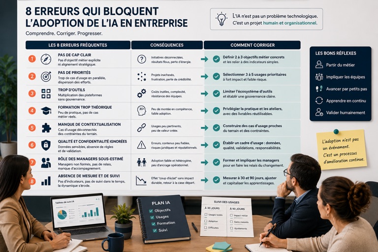 Équipe en atelier pour corriger des erreurs d'adoption IA