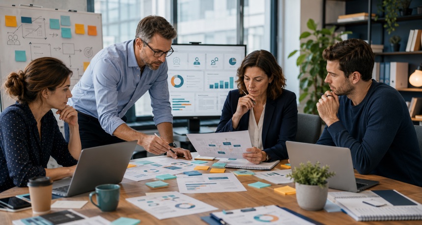Équipe RH qui prépare un plan de formation IA pour les salariés