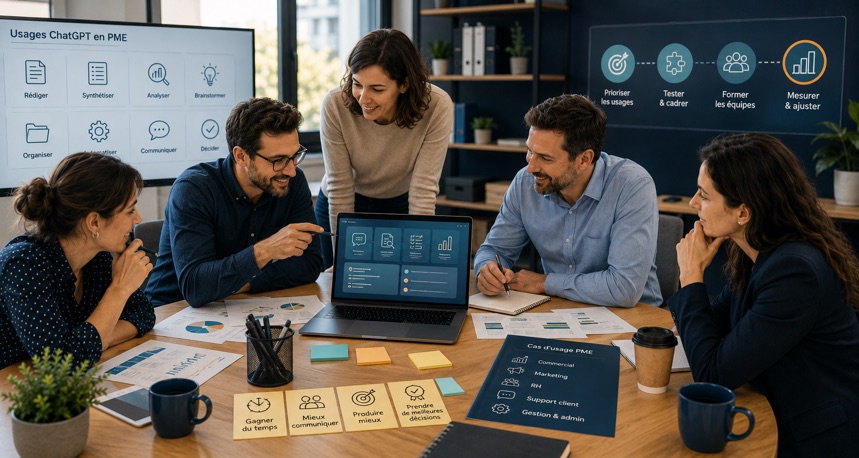 Équipe PME qui utilise ChatGPT sur des cas d'usage métier